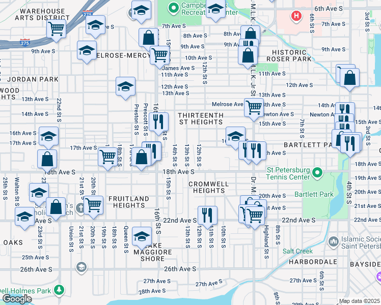 map of restaurants, bars, coffee shops, grocery stores, and more near 1681 12th Street South in St. Petersburg