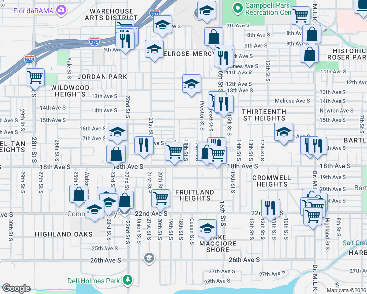 map of restaurants, bars, coffee shops, grocery stores, and more near 1740 Queen Street South in St. Petersburg
