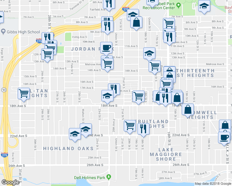 map of restaurants, bars, coffee shops, grocery stores, and more near 2161 Queensboro Avenue South in St. Petersburg