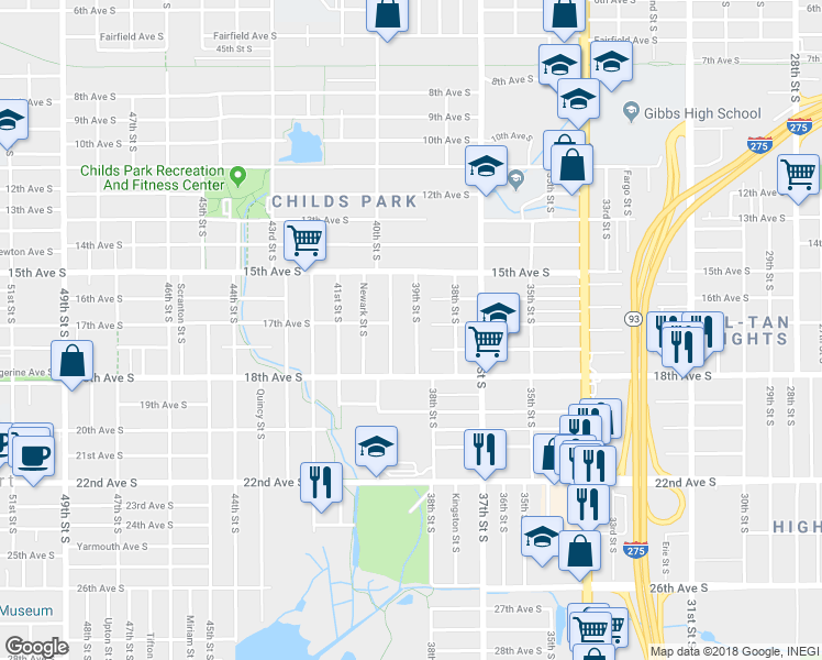 map of restaurants, bars, coffee shops, grocery stores, and more near 1745 39th Street South in St. Petersburg