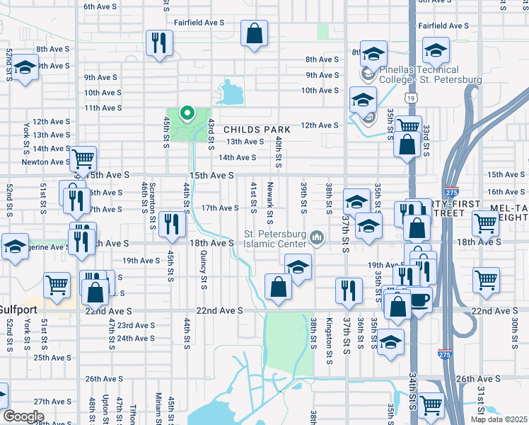 map of restaurants, bars, coffee shops, grocery stores, and more near 1748 41st Street South in St. Petersburg