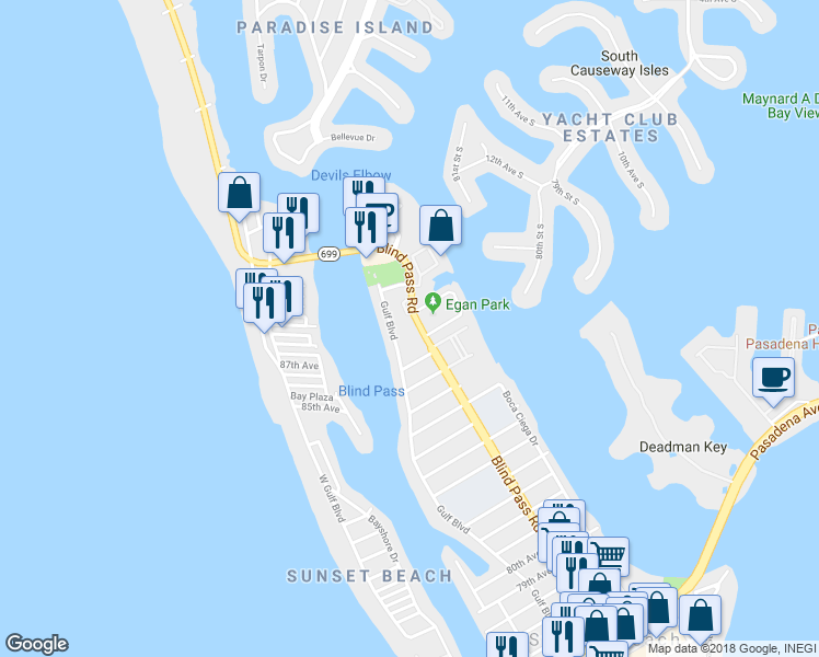 map of restaurants, bars, coffee shops, grocery stores, and more near 9030 Blind Pass Road in St. Pete Beach