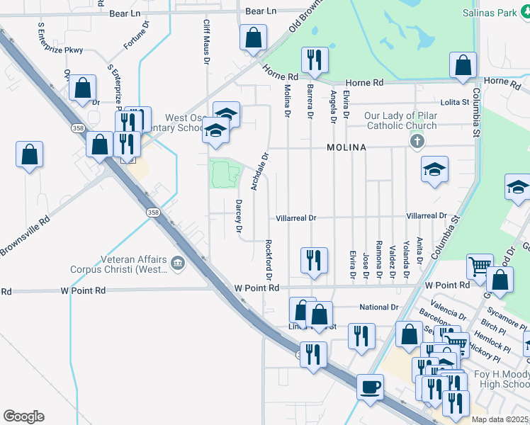 map of restaurants, bars, coffee shops, grocery stores, and more near 1833 Rockford Drive in Corpus Christi