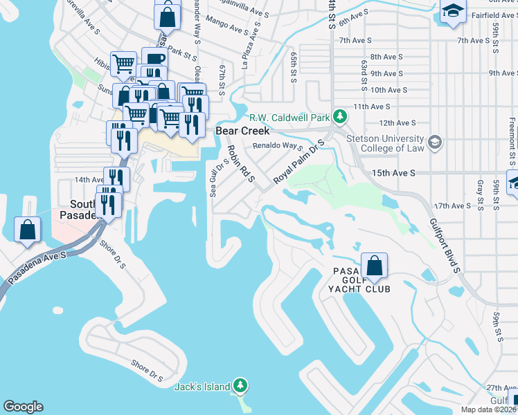 map of restaurants, bars, coffee shops, grocery stores, and more near 6497 Debbie Lane South in St. Petersburg