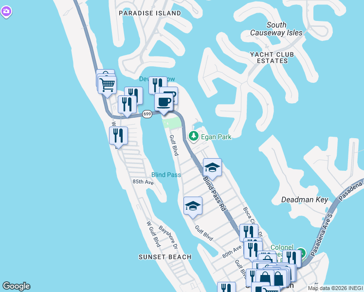 map of restaurants, bars, coffee shops, grocery stores, and more near 9030 Blind Pass Road in St. Pete Beach