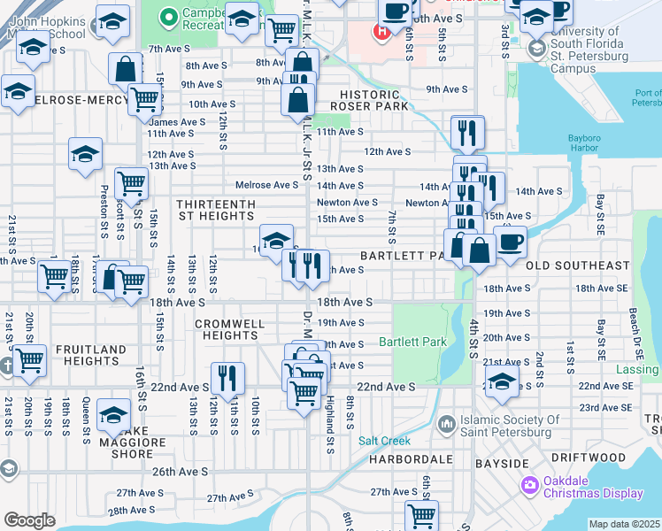 map of restaurants, bars, coffee shops, grocery stores, and more near 851 17th Avenue South in St. Petersburg