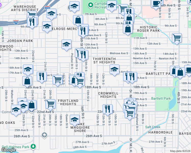 map of restaurants, bars, coffee shops, grocery stores, and more near 1660 14th Street South in St. Petersburg
