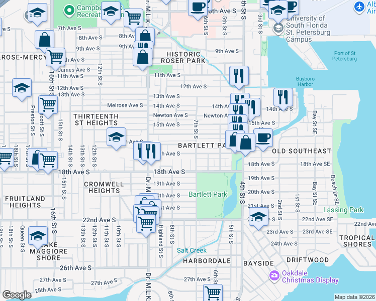 map of restaurants, bars, coffee shops, grocery stores, and more near 1719 Grove Street South in St. Petersburg