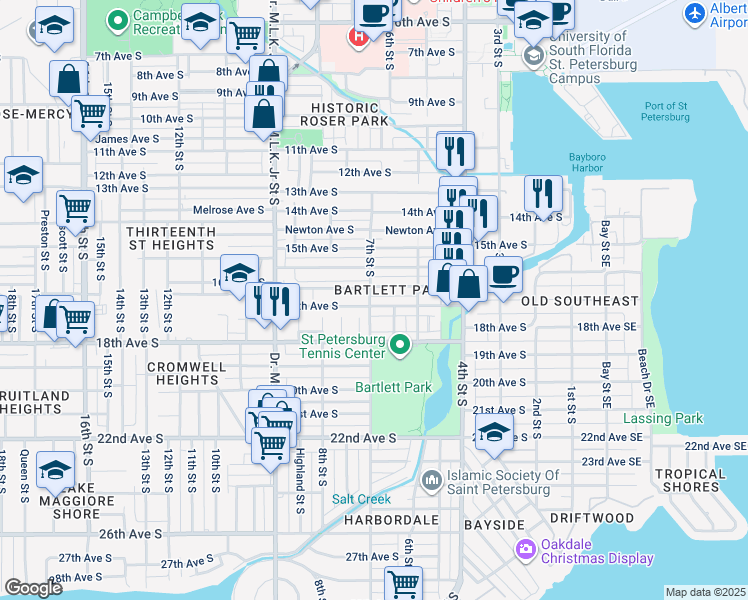 map of restaurants, bars, coffee shops, grocery stores, and more near 697 17th Avenue South in St. Petersburg