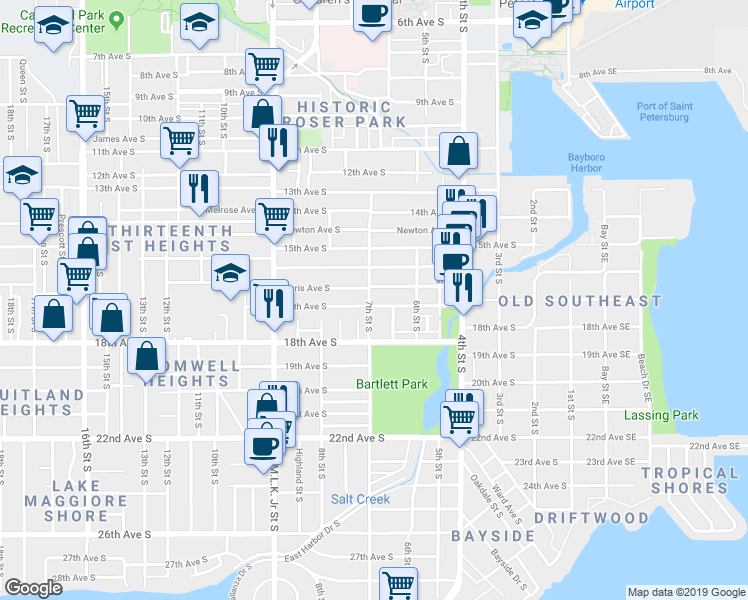 map of restaurants, bars, coffee shops, grocery stores, and more near 1719 Grove Street South in St. Petersburg