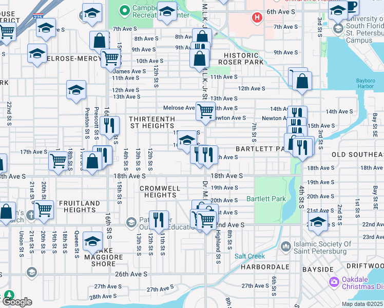 map of restaurants, bars, coffee shops, grocery stores, and more near 1755 9th Street South in St. Petersburg
