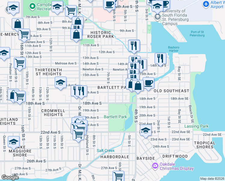 map of restaurants, bars, coffee shops, grocery stores, and more near 1719 Grove Street South in St. Petersburg