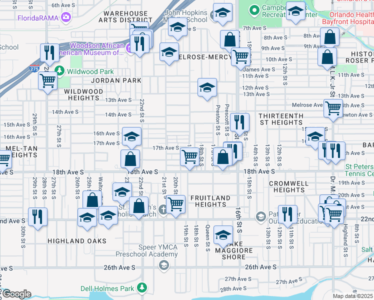 map of restaurants, bars, coffee shops, grocery stores, and more near 1709 19th Street South in St. Petersburg