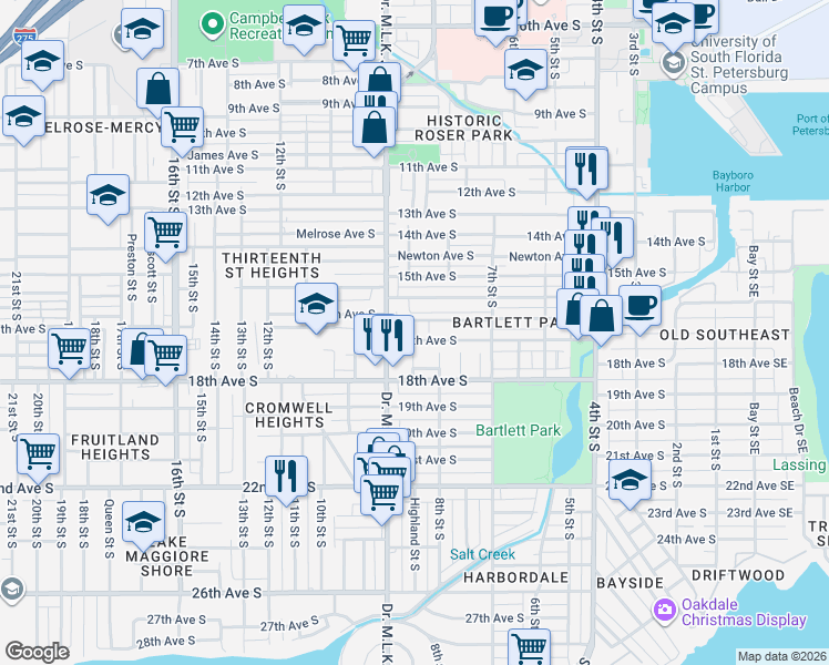 map of restaurants, bars, coffee shops, grocery stores, and more near 1720 Highland Street South in St. Petersburg