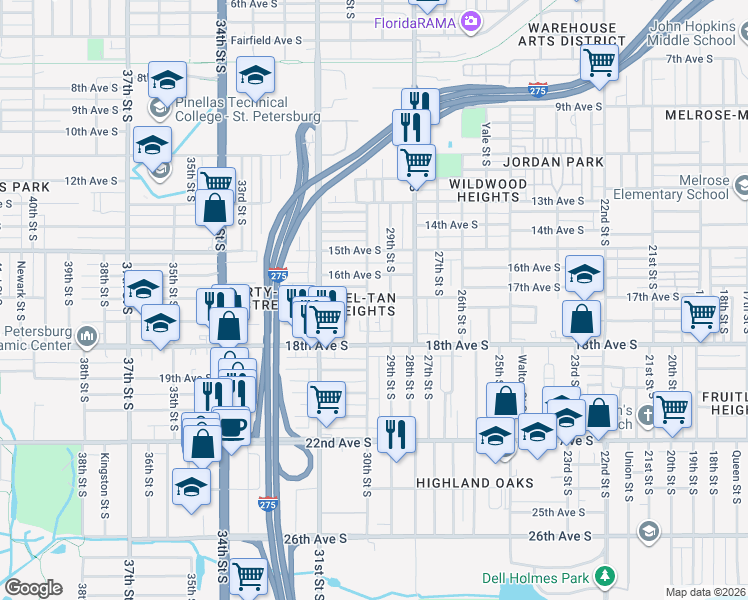 map of restaurants, bars, coffee shops, grocery stores, and more near 1745 29th Street South in St. Petersburg
