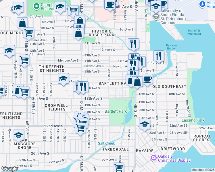 map of restaurants, bars, coffee shops, grocery stores, and more near 1719 Grove Street South in St. Petersburg
