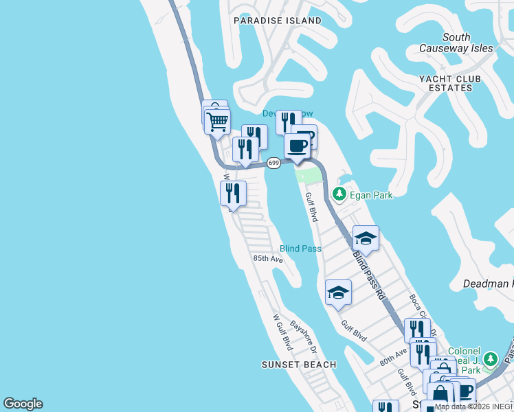 map of restaurants, bars, coffee shops, grocery stores, and more near 136 92nd Avenue in Treasure Island