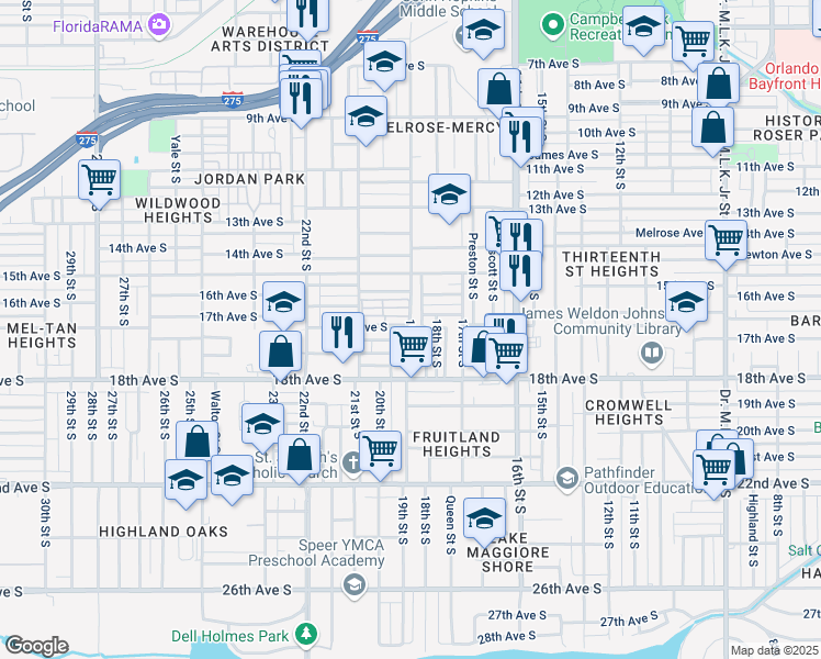 map of restaurants, bars, coffee shops, grocery stores, and more near 1705 19th Street South in St. Petersburg