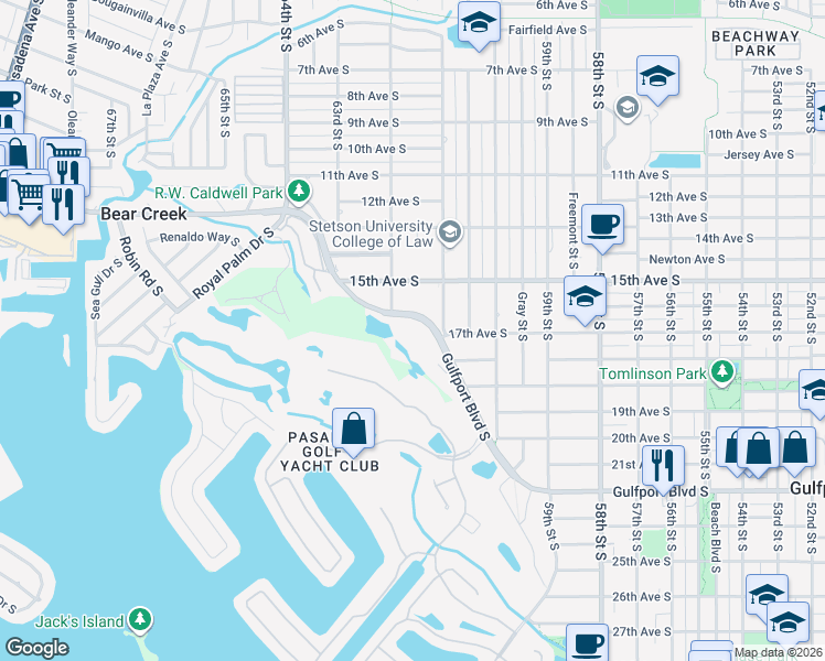 map of restaurants, bars, coffee shops, grocery stores, and more near 6150 Gulfport Boulevard South in Gulfport