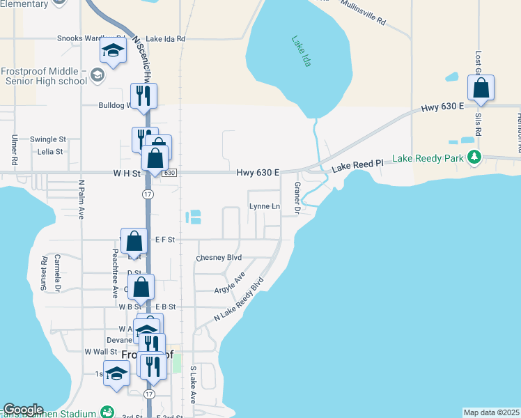 map of restaurants, bars, coffee shops, grocery stores, and more near 316 Woodham Drive in Frostproof
