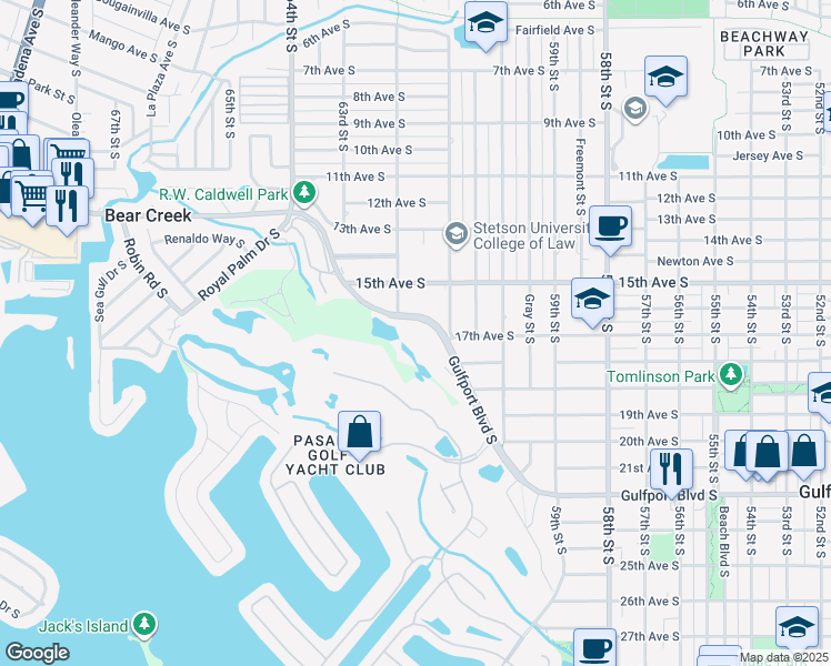 map of restaurants, bars, coffee shops, grocery stores, and more near 6150 Gulfport Boulevard South in Gulfport