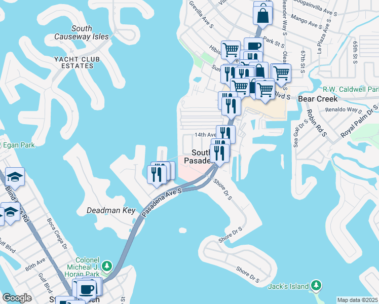 map of restaurants, bars, coffee shops, grocery stores, and more near 1431 Island Drive South in South Pasadena