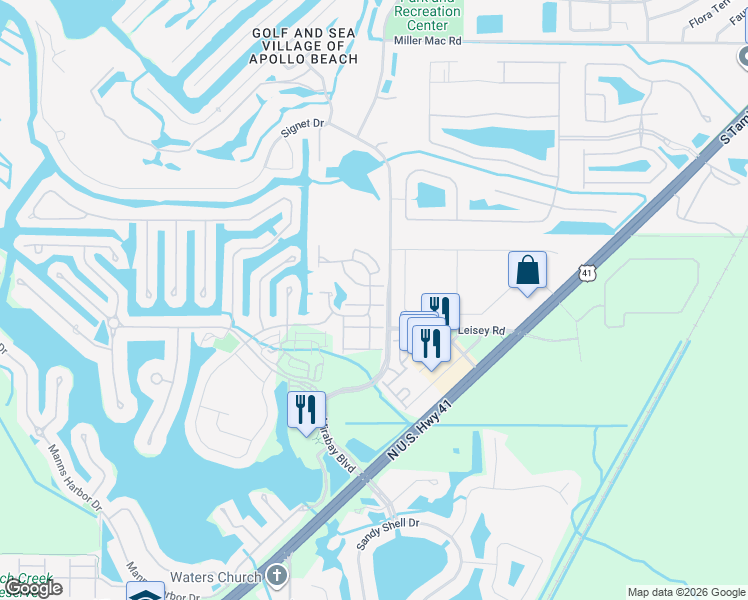 map of restaurants, bars, coffee shops, grocery stores, and more near 207 Oceania Court in Apollo Beach