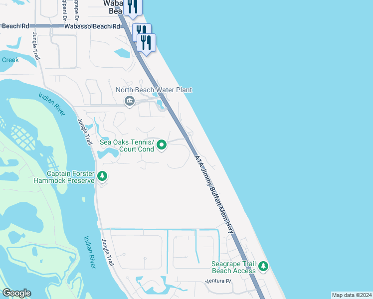 map of restaurants, bars, coffee shops, grocery stores, and more near 8840 South Sea Oaks Way in Vero Beach