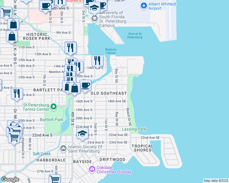 map of restaurants, bars, coffee shops, grocery stores, and more near 216 16th Avenue South in St. Petersburg