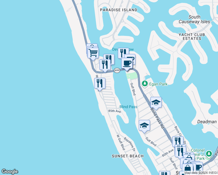 map of restaurants, bars, coffee shops, grocery stores, and more near 136 92nd Avenue in Treasure Island