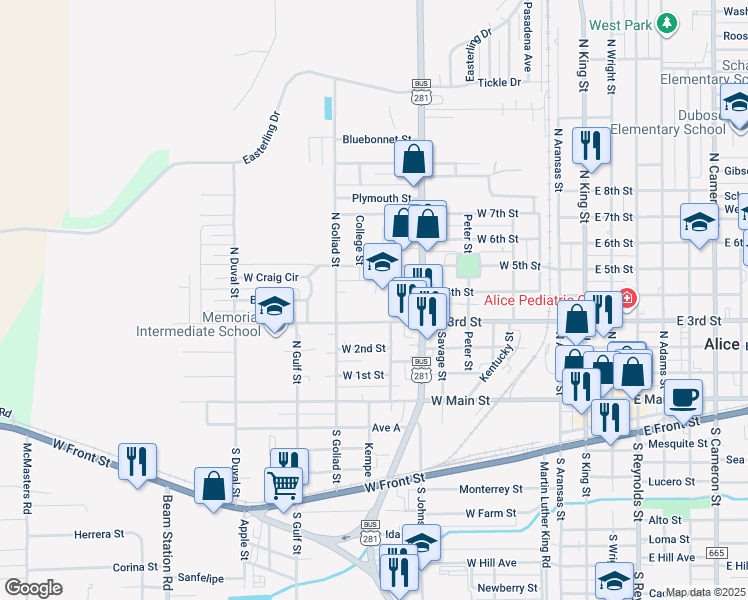 map of restaurants, bars, coffee shops, grocery stores, and more near 701 West 3rd Street in Alice