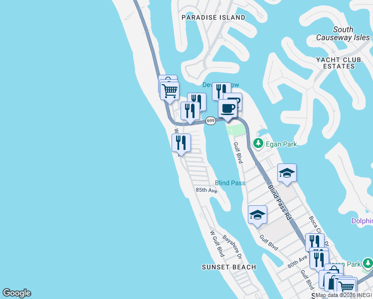 map of restaurants, bars, coffee shops, grocery stores, and more near 9201 Gulf Boulevard in St. Pete Beach