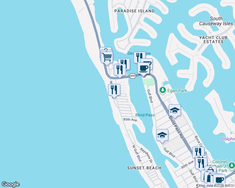 map of restaurants, bars, coffee shops, grocery stores, and more near 111 91st Avenue in Treasure Island