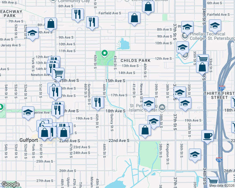 map of restaurants, bars, coffee shops, grocery stores, and more near 4301 17th Avenue South in Saint Petersburg