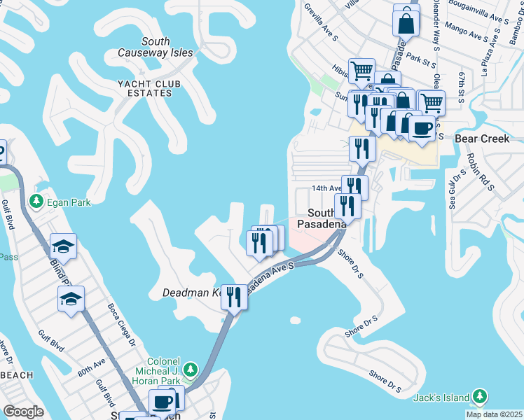 map of restaurants, bars, coffee shops, grocery stores, and more near 7560 Bay Island Drive South in South Pasadena