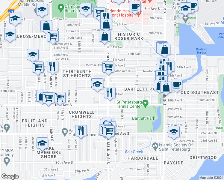 map of restaurants, bars, coffee shops, grocery stores, and more near 874 Paris Avenue South in St. Petersburg
