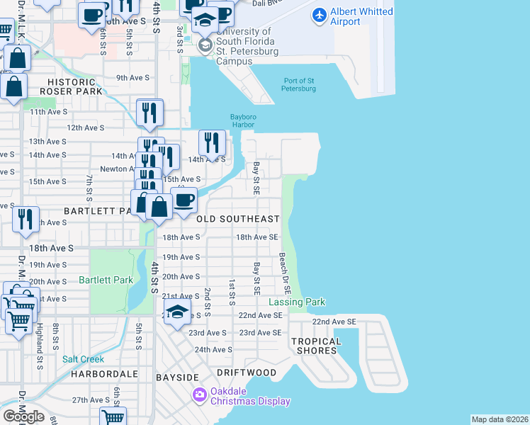 map of restaurants, bars, coffee shops, grocery stores, and more near 225 17th Avenue Southeast in St. Petersburg