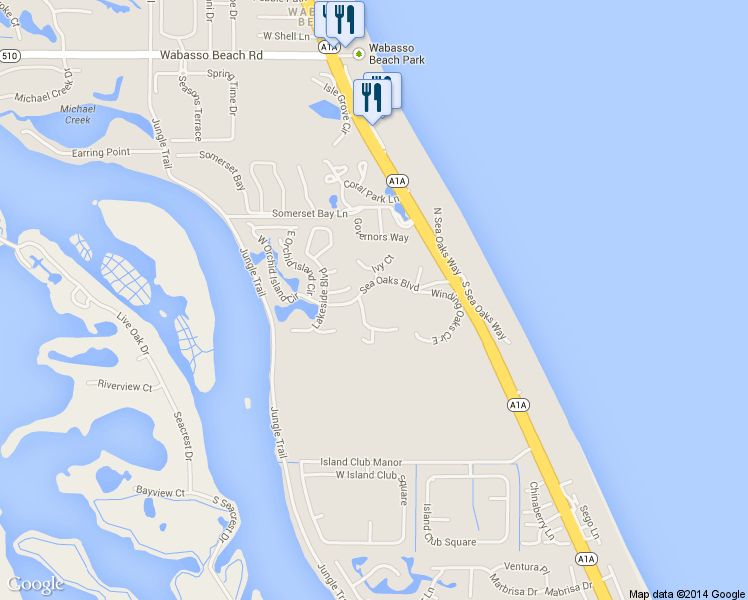 map of restaurants, bars, coffee shops, grocery stores, and more near 1619 Bent Oak Lane in Vero Beach