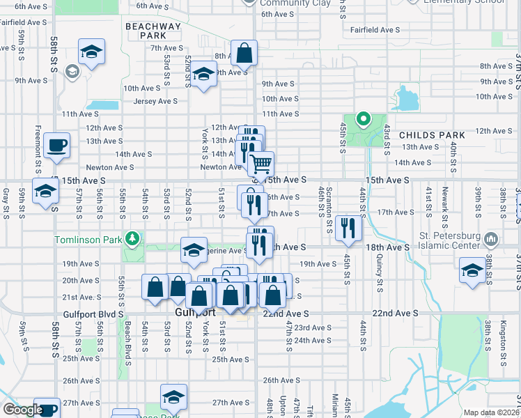 map of restaurants, bars, coffee shops, grocery stores, and more near in Gulfport