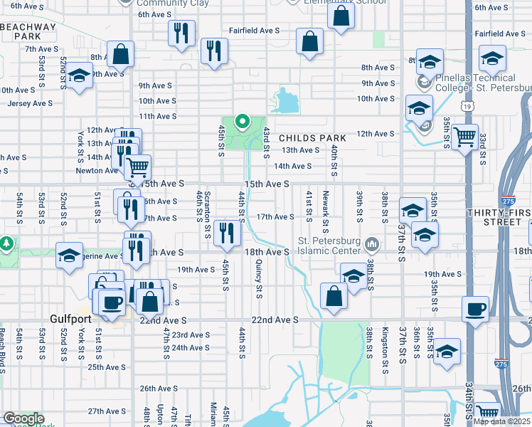 map of restaurants, bars, coffee shops, grocery stores, and more near 4319 17th Avenue South in St. Petersburg