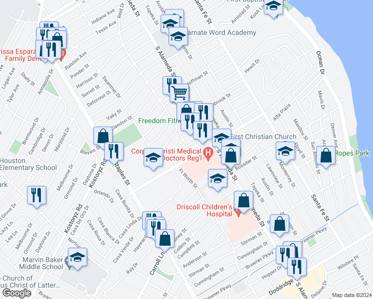 map of restaurants, bars, coffee shops, grocery stores, and more near 601 Gordon Street in Corpus Christi