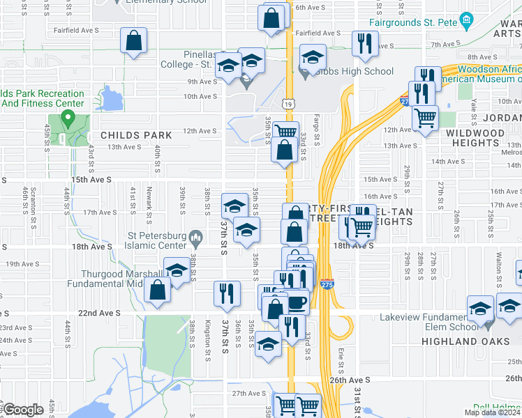 map of restaurants, bars, coffee shops, grocery stores, and more near 3485 17th Avenue South in Saint Petersburg