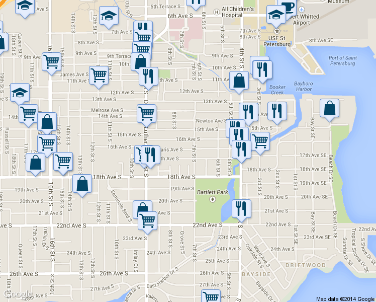 map of restaurants, bars, coffee shops, grocery stores, and more near 718 Paris Avenue South in St. Petersburg