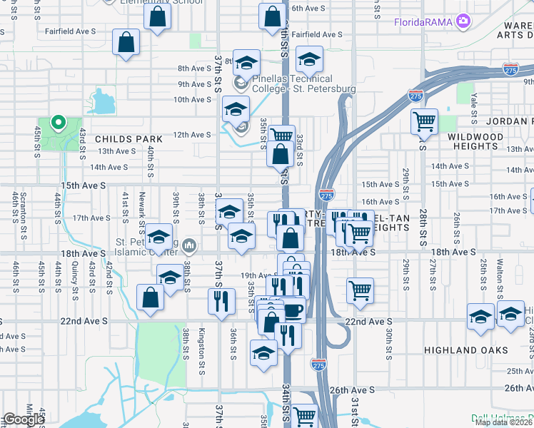 map of restaurants, bars, coffee shops, grocery stores, and more near 3436 1/2 16th Avenue South in St. Petersburg