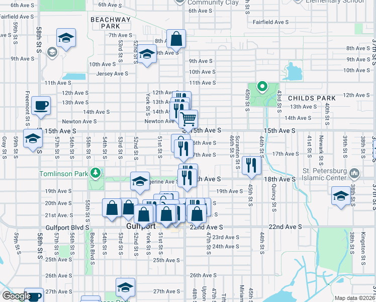 map of restaurants, bars, coffee shops, grocery stores, and more near in Gulfport