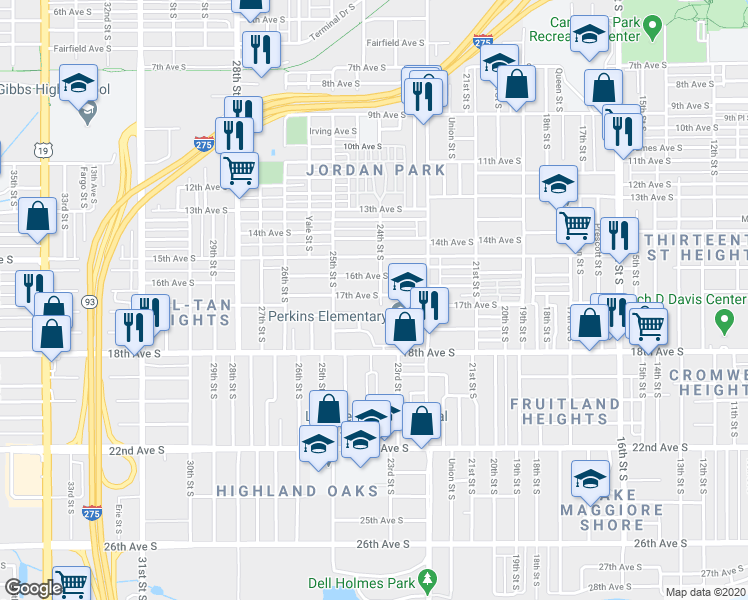 map of restaurants, bars, coffee shops, grocery stores, and more near 2410 17th Avenue South in Saint Petersburg