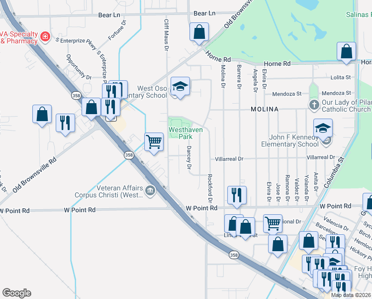 map of restaurants, bars, coffee shops, grocery stores, and more near 1805 Glenfield Drive in Corpus Christi