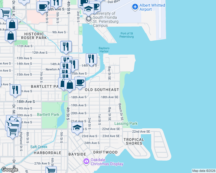 map of restaurants, bars, coffee shops, grocery stores, and more near 216 16th Avenue South in St. Petersburg