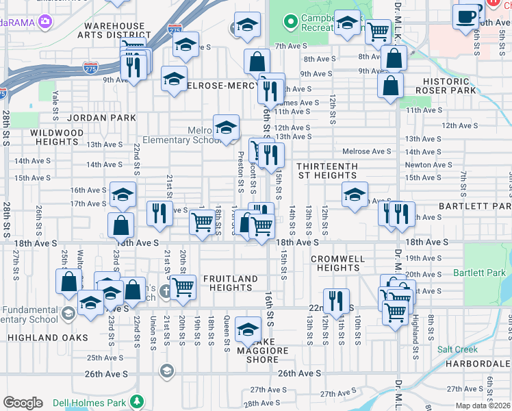 map of restaurants, bars, coffee shops, grocery stores, and more near 1625 Prescott Street South in St. Petersburg