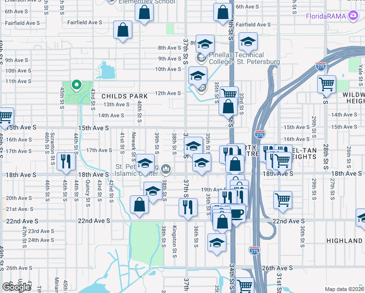 map of restaurants, bars, coffee shops, grocery stores, and more near 1665 37th Street South in Saint Petersburg